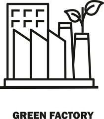 Black outline style of Sustainable Manufacturing and Recycling Icons. Green Factory, Recyclable Products, Sustainability Efforts. Eco-Friendly Industry, Waste Management, Green Practices