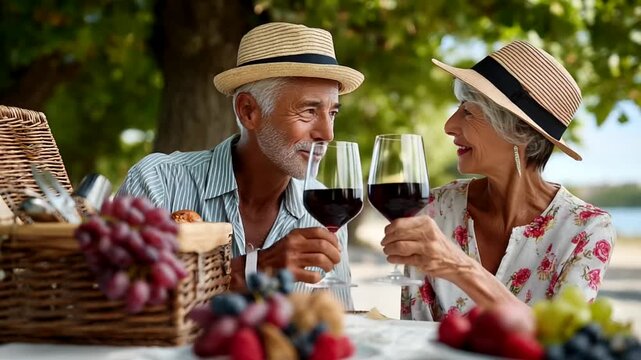 Mature couple enjoying romantic picnic, clinking wine glasses, showcasing lasting love amid sunlit outdoor landscape, expressing deep connection and affection
