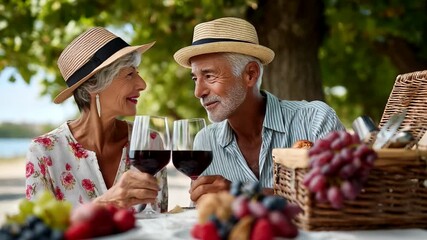 Mature couple enjoying an outdoor picnic, sharing smiles and toasting red wine glasses amidst a beautiful scenery. A joyful moment of companionship and celebration - Powered by Adobe
