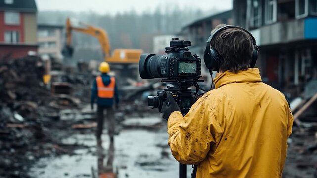 Professional photographer shooting large construction site, heavy machinery working, industrial landscape revealing urban development progress with precise documentary framing