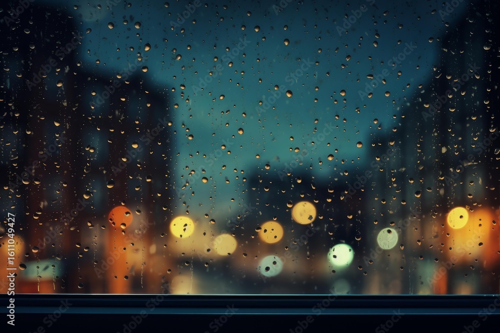 Poster raindrops trickling down a windowpane at night, creating a mesmerizing view of blurred city lights