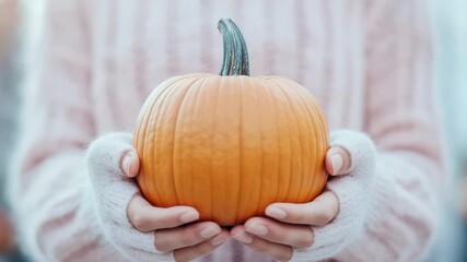 Warm embrace of autumn: Hands gently holding a vibrant, round gourd against a soft knit sweater backdrop