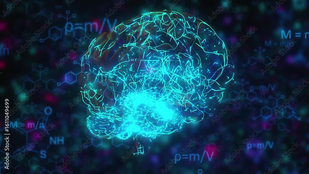 Poster scientific data processing over human brain. computer generated 3d render