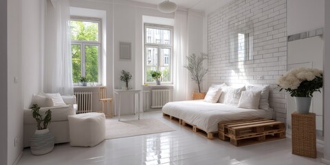 Small studio with multifunctional furniture and minimalist white walls