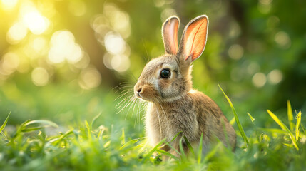 Obraz premium Adorable young rabbit standing in lush green grass during golden hour sunlight