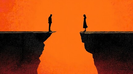 A silhouetted couple separated by a chasm representing distance and emotional divide on a fiery