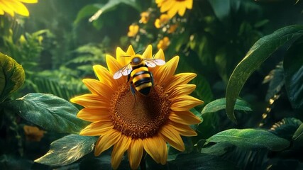 A vibrant sunflower hosts a bee amidst lush greenery, capturing the essence of pollination and biodiversity in a serene garden setting Macro photography ecological balance