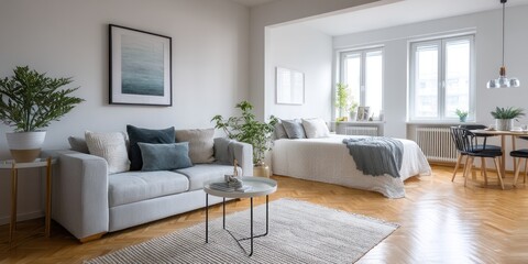 Small studio with multifunctional furniture and minimalist white walls