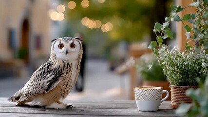 A serene owl sits beside a coffee cup on a wooden table, evoking themes of tranquility, nature, and mindfulness perfect for autumn or relaxation Bokeh rustic - Powered by Adobe