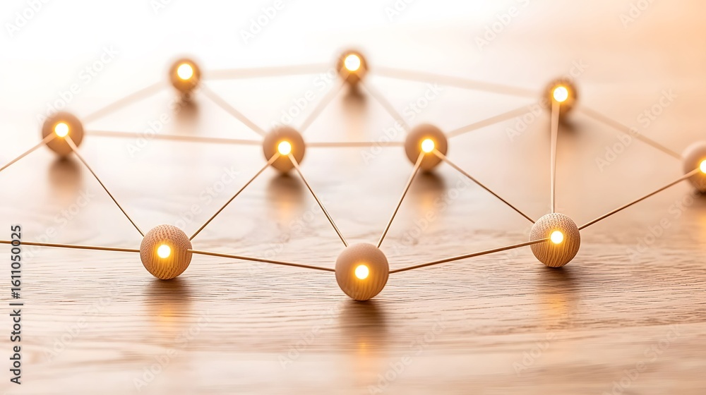Poster the image shows a network of wooden spheres connected by thin lines, illuminated from within and pla