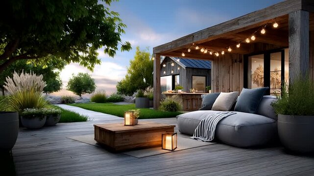 A cozy outdoor patio setup with lanterns and string lights offers a perfect setting for summer evenings, relaxation, and alfresco dining includes lush greenery and wooden elements