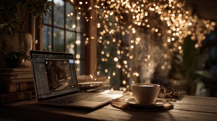 Cozy workspace with laptop steaming coffee illuminated by warm bokeh lights in a relaxing home