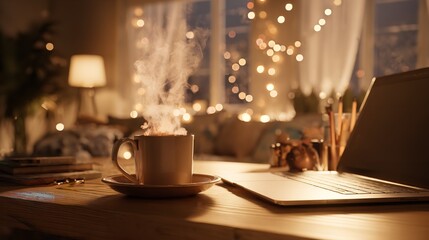 A cozy evening with a steaming cup of coffee lit by twinkling fairy lights and the soft glow of a