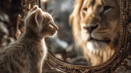 A kitten s brave reflection stares into its future as a powerful lion in an ornate golden mirror