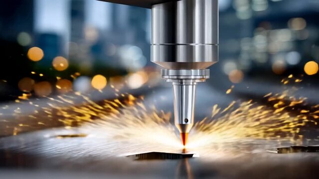 A close-up of a high-precision laser cutting machine in action, showcasing advanced manufacturing, technology, and industry Keywords include CNC machining and precision engineering