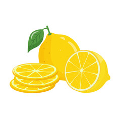 Set of yellow lemon citrus fruits with slices, whole and cut, isolated on white background. Tropical fruit sweets season. Realistic vector illustration.