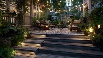 A tranquil evening unwinds on a wooden patio bathed in soft string lights with lush greenery in warm