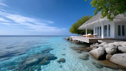 Tropical beachfront villa by azure ocean waters, perfect for summer vacations ideal for relaxation, tranquility, and luxury travel features hammocks and lush greenery - Powered by Adobe