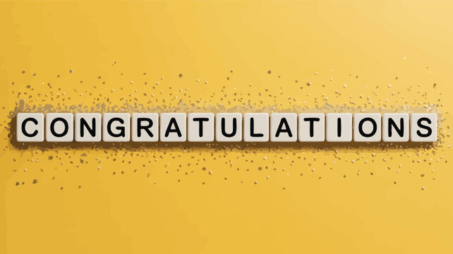 “Congratulations” spelled with individual letter tiles on bright yellow background with black confetti dots — festive and modern celebration design