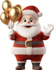 3D Santa Claus Holding Golden Balloons and Waving