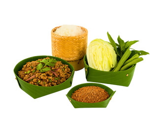 thai food, isaan cuisine, laab, sticky rice, fresh vegetables, cabbage, long beans, thai herbs, chili powder, banana leaf container, eco packaging, traditional food, 