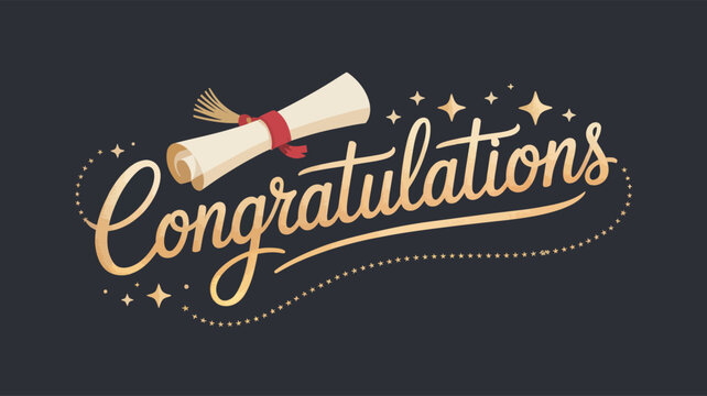 “Congratulations” script with diploma and red ribbon on starry dark background — elegant graduation design for academic achievement celebration