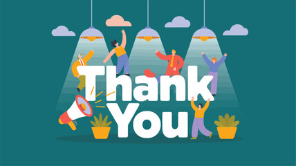 Cartoon characters celebrating with “Thank You” message, colorful decor, and festive lights — perfect for teamwork and appreciation themes