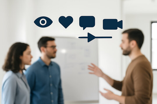 Team presentation with social media icons, sparking engagement and connection, modern workplace