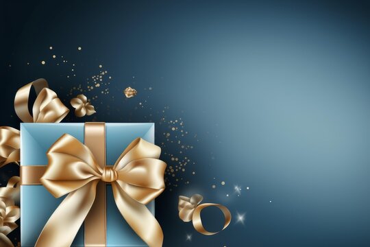 Light blue gift box with a gold ribbon and bow on a dark blue background with golden confetti, perfect for celebrations