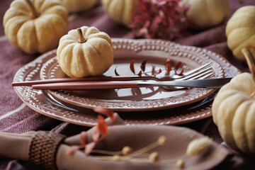 A stylish Thanksgiving table arrangement featuring soft pink plates, delicate cutlery, and rustic...