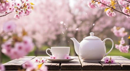 Fototapeta premium Tea set with teapot and cherry blossoms