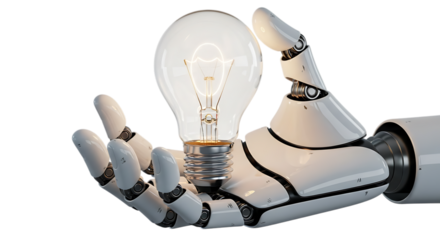 Robotic Hand Holding a Lightbulb Concept of Artificial Intelligence and Innovation on a Black Background