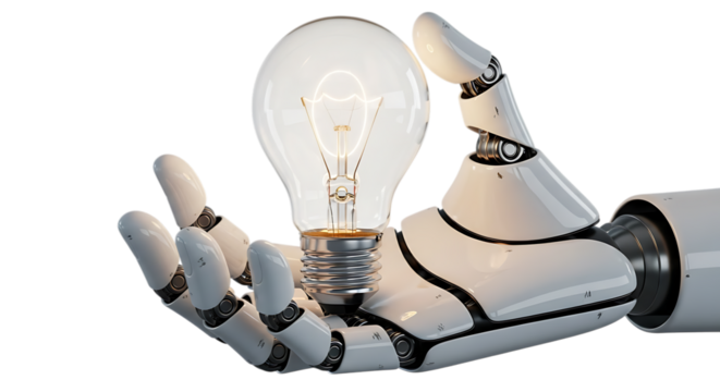Robotic Hand Holding a Lightbulb Concept of Artificial Intelligence and Innovation on a Black Background