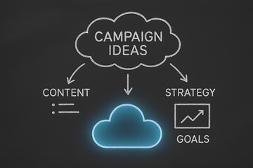 Campaign ideas visualized on a chalkboard, concept for content, strategy, and goals.