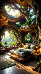 Obraz premium An ultra-luxurious living room and bedroom interior seamlessly fused with nature through elegant, tree-inspired design