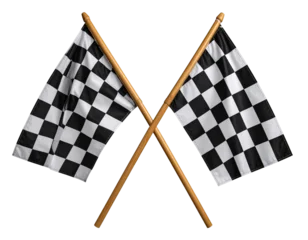  Diagonal Crossed Black and White Checkered Racing Flags on Natural Wooden Poles, Front View, Transparent Background © MDFiroj