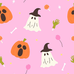 Pink Cute Halloween Seamless Pattern with Pumpkin and Ghosts Background
