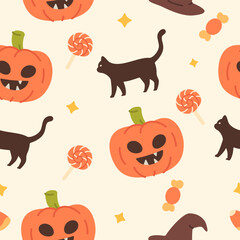 Cozy Halloween Seamless Pattern with Pumpkin and Black Cats Background
