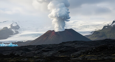 Dramatic Icelandic Landscape: Volcanic Eruption Amidst Glaciers and Black Lava Fields