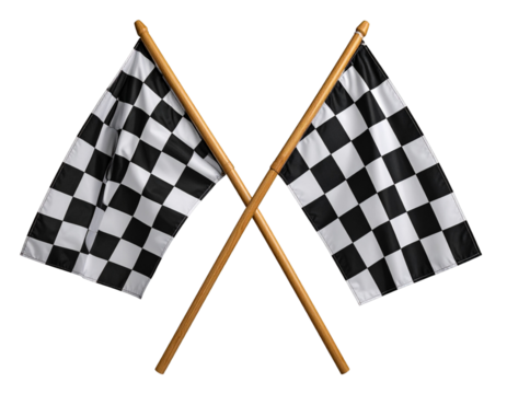 Diagonal Crossed Black and White Checkered Racing Flags on Natural Wooden Poles, Front View, Transparent Background