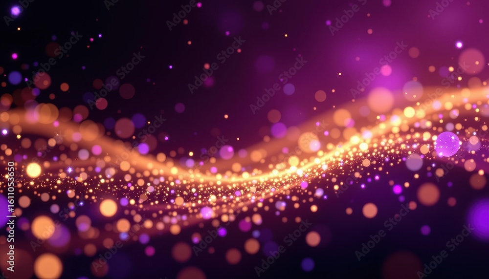 Poster glittering particles in purple and gold colors creating dynamic visual waves