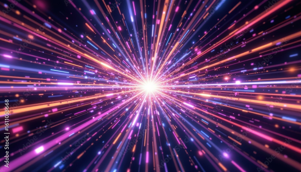 Poster vibrant light burst with colorful rays in deep space background design