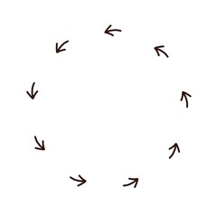 black and white arrows. Minimal circular arrow pattern forming a round layout, simple hand-drawn arrows pointing inward for navigation, direction, or decorative vector design