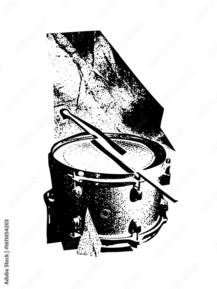 Poster vector dynamic drum kit with a striking drum and drumstick.