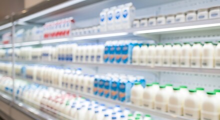 Blurred background of a refrigerated aisle in a supermarket filled with milk and dairy products.