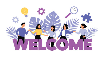 Illustration of diverse group holding hands with purple “WELCOME” text, surrounded by icons and leaves — symbolizing teamwork and inclusivity