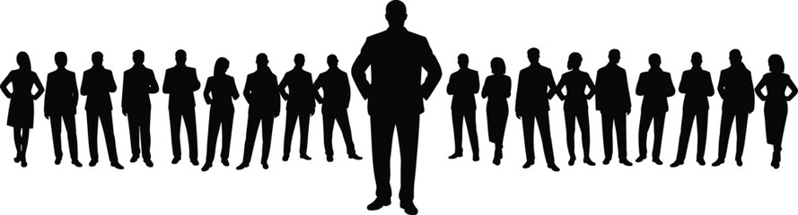 Silhouettes of diverse business professionals, teamwork and leadership concept, corporate unity, group of people in formal office attire