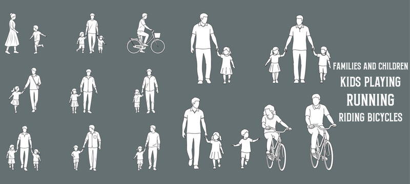 Architectural Drawings families and children Includes kids playing running or riding bicycles vector illustration, side view, human person Minimal style hand drawn. Sections, Elevations, Floor Plans