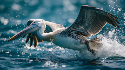 Pelican takes flight from the water creating a splash