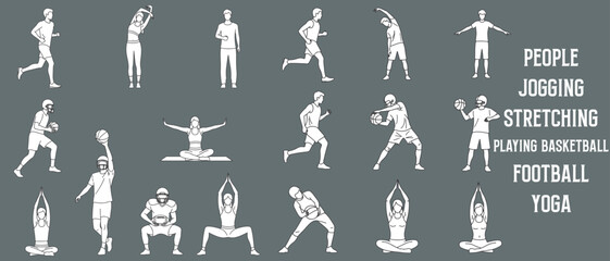Architectural Drawings people jogging, stretching, playing basketball, football, or yoga vector illustration, side view, human person Minimal style hand drawn. Sections, Elevations, Floor Plans